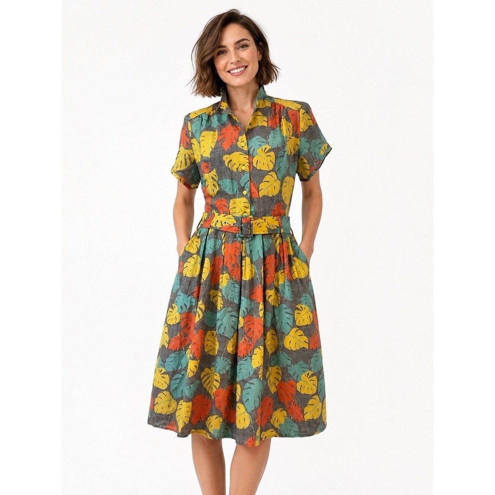 Palava Tropical Leaf Print Shirt Dress Belted Midi Button Front Women's 10 Retro